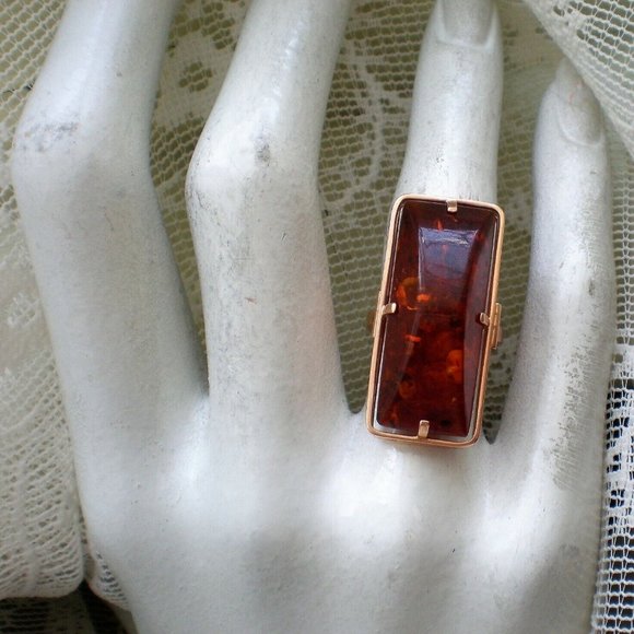 NEW Russian Russia USSR 14K 585 Rose Pink Gold Baltic Honey Amber Cocktail RING - Picture 5 of 9
